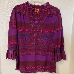 Tory Burch Vibrant Print Ruffle Silk Blouse